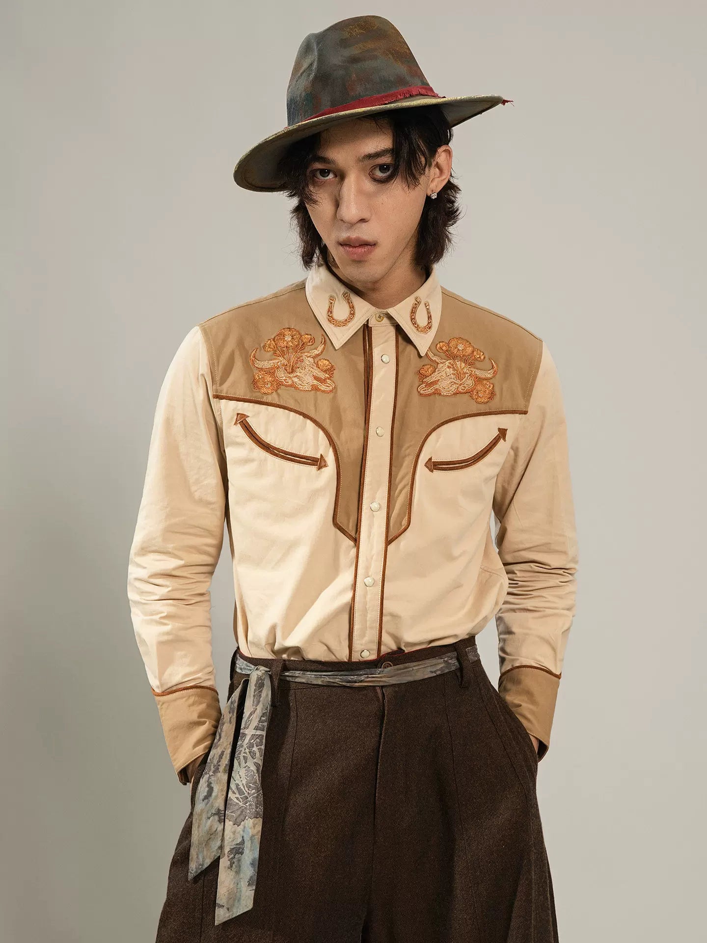 SOARIN Western Vintage Slim Fit Cotton Embroidered Shirt YAOZ2533C458
