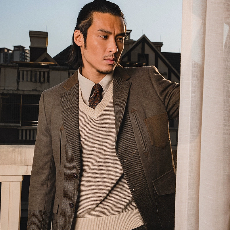 SOARIN英伦风复古羊毛西装外套男 Vintage拼接商务休闲毛呢单西服