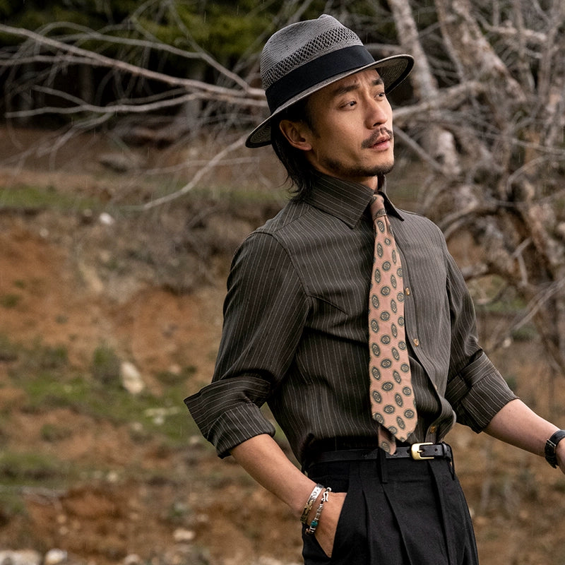 SOARIN英伦风高级感法式衬衫男复古雅痞免烫垂感西装条纹长袖衬衣