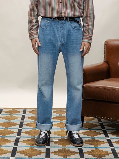 SOARIN美式复古泛白水洗蓝牛仔裤男 秋冬直筒宽松休闲工装长裤