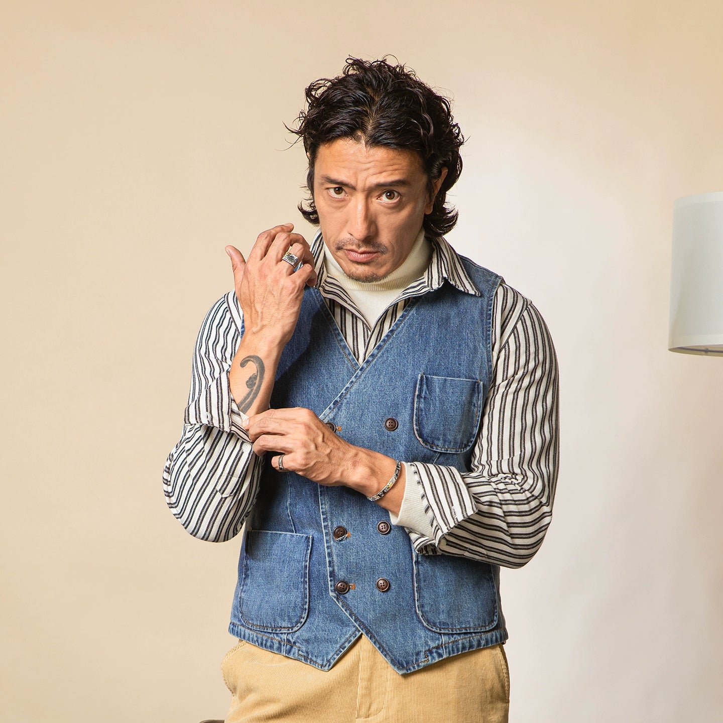 SOARIN英式复古水洗蓝牛仔马甲背心男 双排扣阿美咔叽休闲小马夹