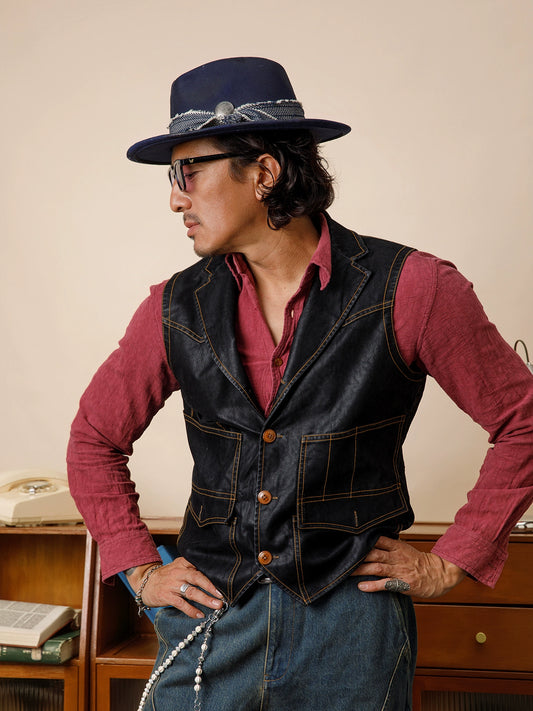 SOARIN美式复古黑色皮衣马甲男 辑明线翻领休闲工装机车马夹背心