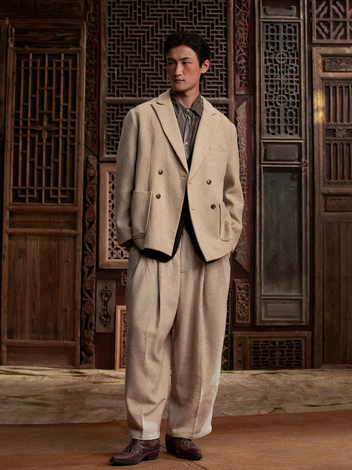 SOARIN WORLD Gai Yu Xia Heritage Series Relaxed Fit Wool Blend Double-Breasted Blazer DCZ233TXZ23