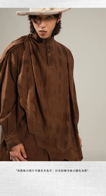SOARIN Gai Yu Xia Series Loose Fit Pure Wool Tie Dye Deconstructed Cape Long Shirt Coat DCZ253TC459