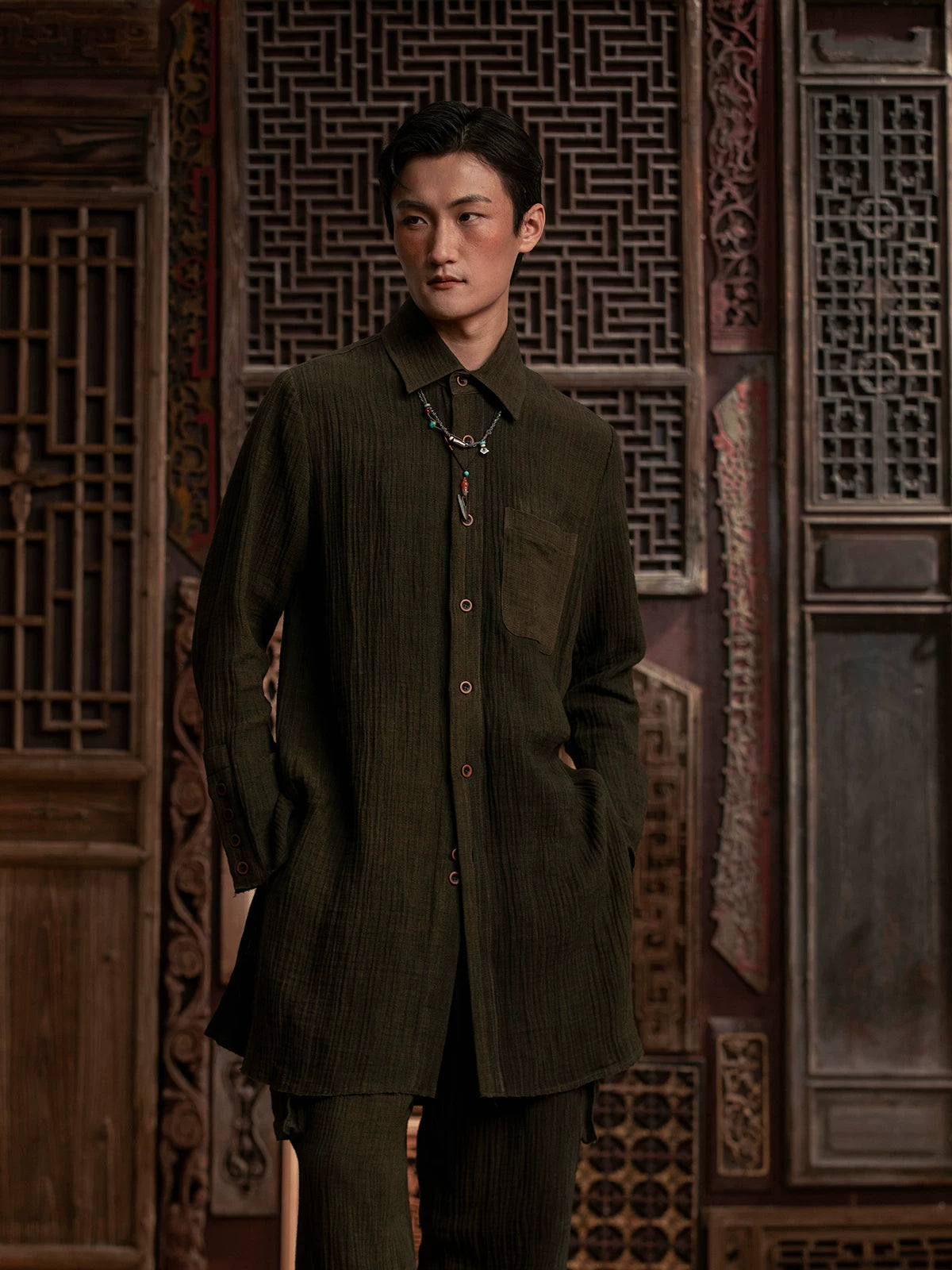 SOARIN WORLD Gai Yu Xia Avant-Garde Distressed Texture Linen-Blend Shirt DCZ243TC360