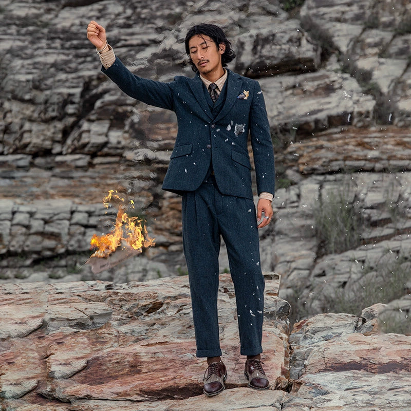 SOARIN复古英伦风粗花呢西装外套男 雅痞商务正装婚礼蓝色单西服