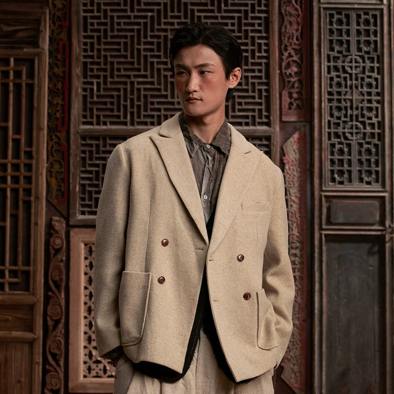 SOARIN WORLD Gai Yu Xia Heritage Series Relaxed Fit Wool Blend Double-Breasted Blazer DCZ233TXZ23