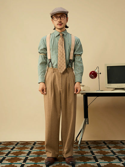 SOARIN英伦复古绿竖条纹衬衫男免烫抗皱商务休闲修身长袖西装衬衣