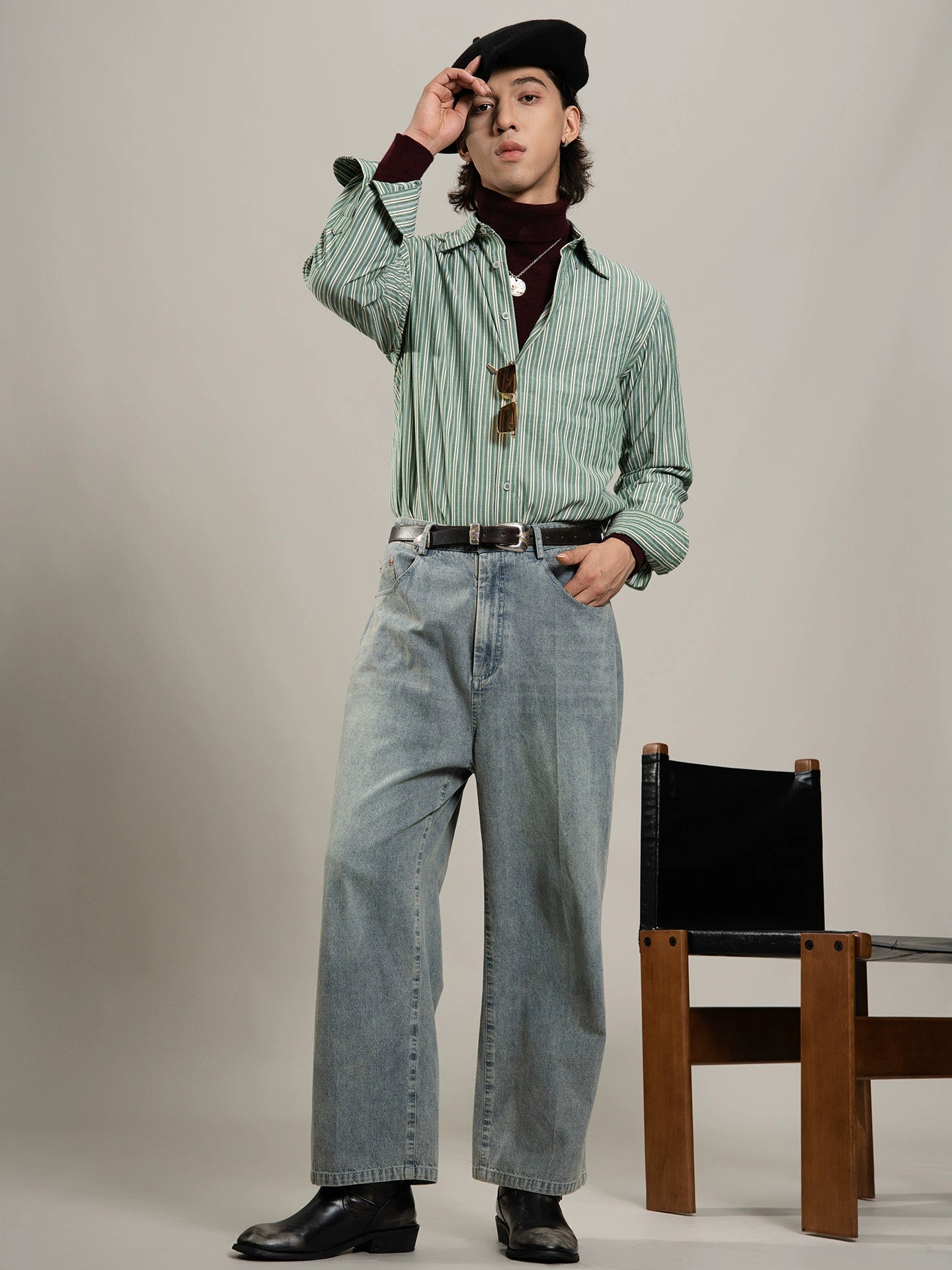 SOARIN英伦复古绿竖条纹衬衫男免烫抗皱商务休闲修身长袖西装衬衣