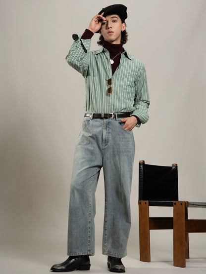 SOARIN英伦复古绿竖条纹衬衫男免烫抗皱商务休闲修身长袖西装衬衣