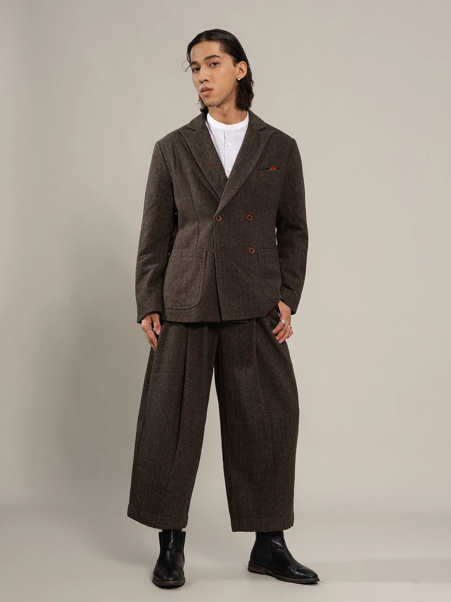 SOARIN British Vintage Tapered Fit Herringbone Wool Blend Pleated Trousers  DCZ233TF71
