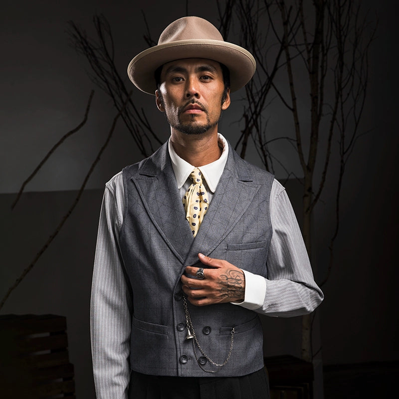 SOARIN英伦风复古双排扣西装马甲男 格子西装领商务休闲马夹背心