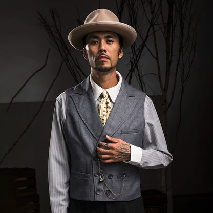 SOARIN英伦风复古双排扣西装马甲男 格子西装领商务休闲马夹背心