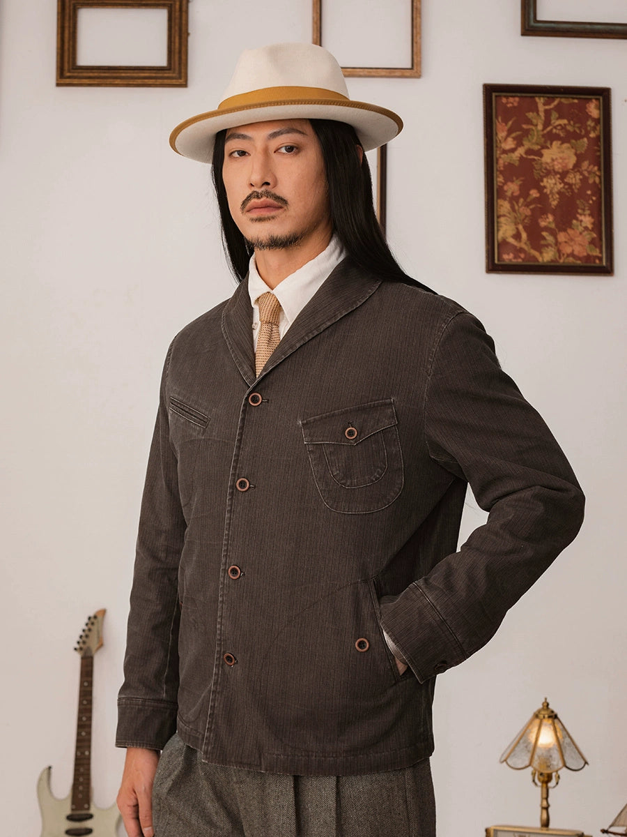 SOARIN【青果领】复古美式工装夹克外套男暗条纹短款飞行员茄克衫