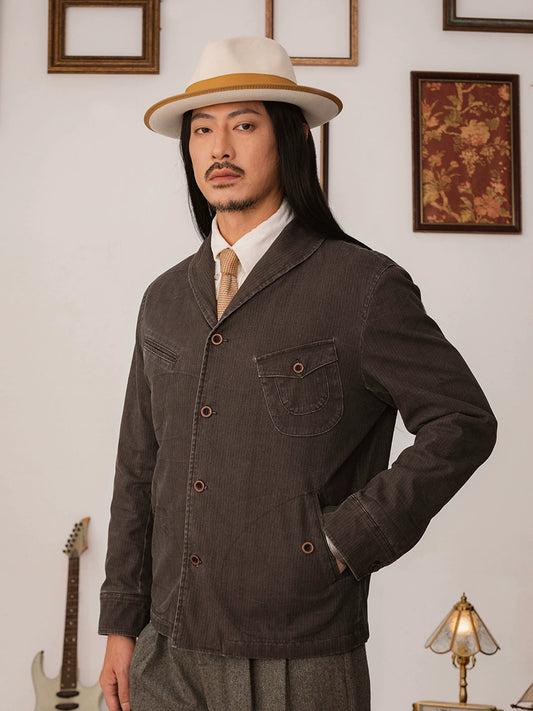 SOARIN【青果领】复古美式工装夹克外套男暗条纹短款飞行员茄克衫