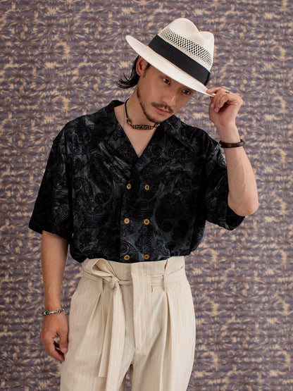SOARIN Vintage Jacquard Paisley Double-Breasted Cuban Collar Short Sleeve Shirt JITZ2426C244