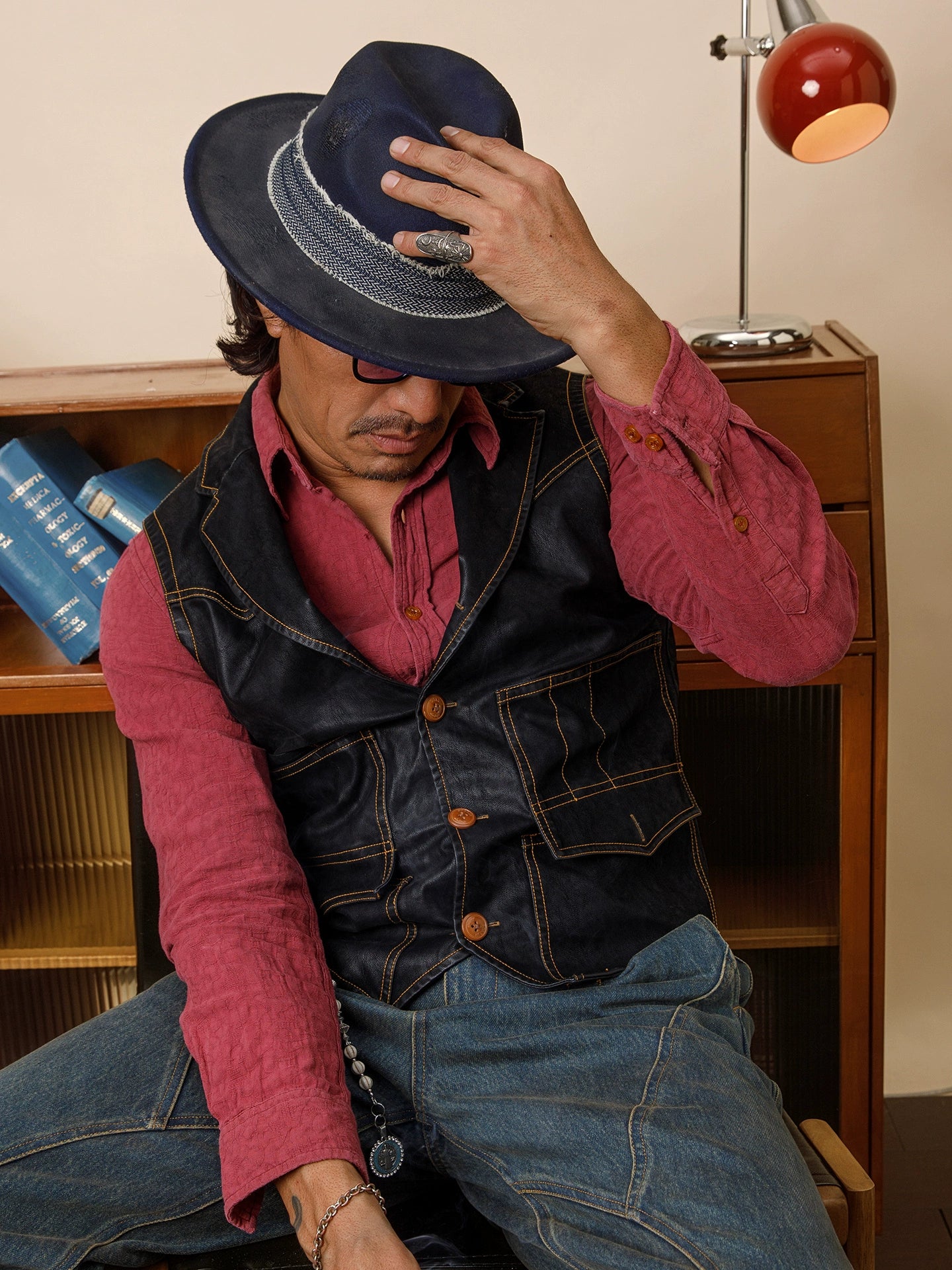 SOARIN美式复古黑色皮衣马甲男 辑明线翻领休闲工装机车马夹背心