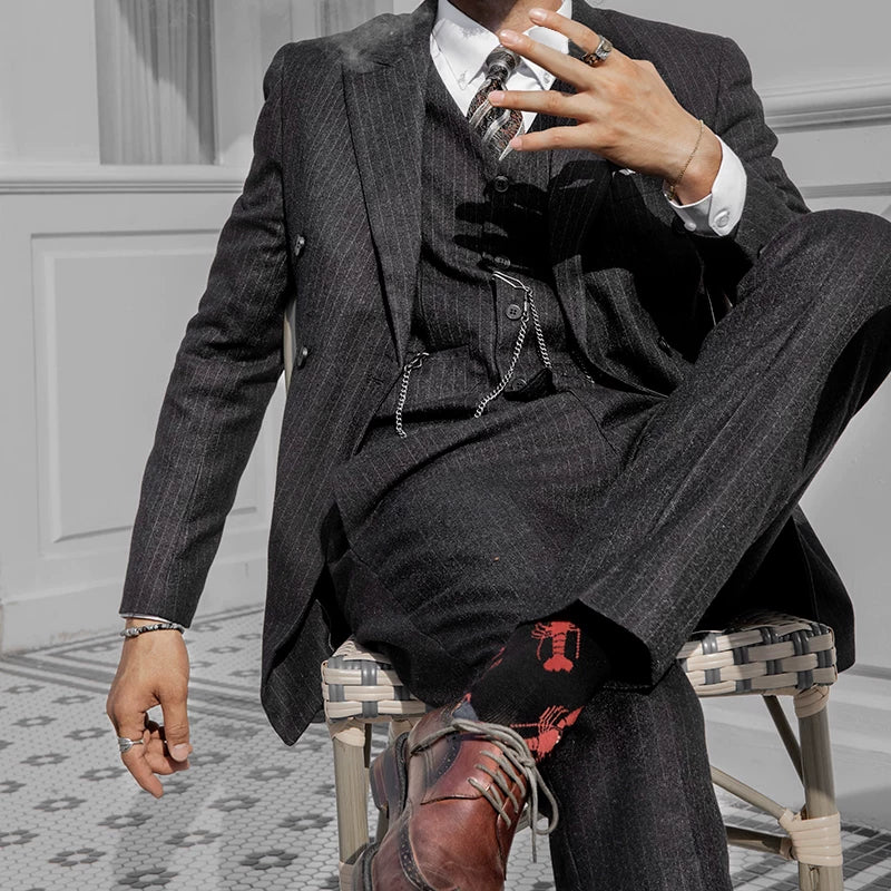 SOARIN Vintage Gentleman Tapered Fit Pinstripe Woolen Suit Trousers  DY63F07