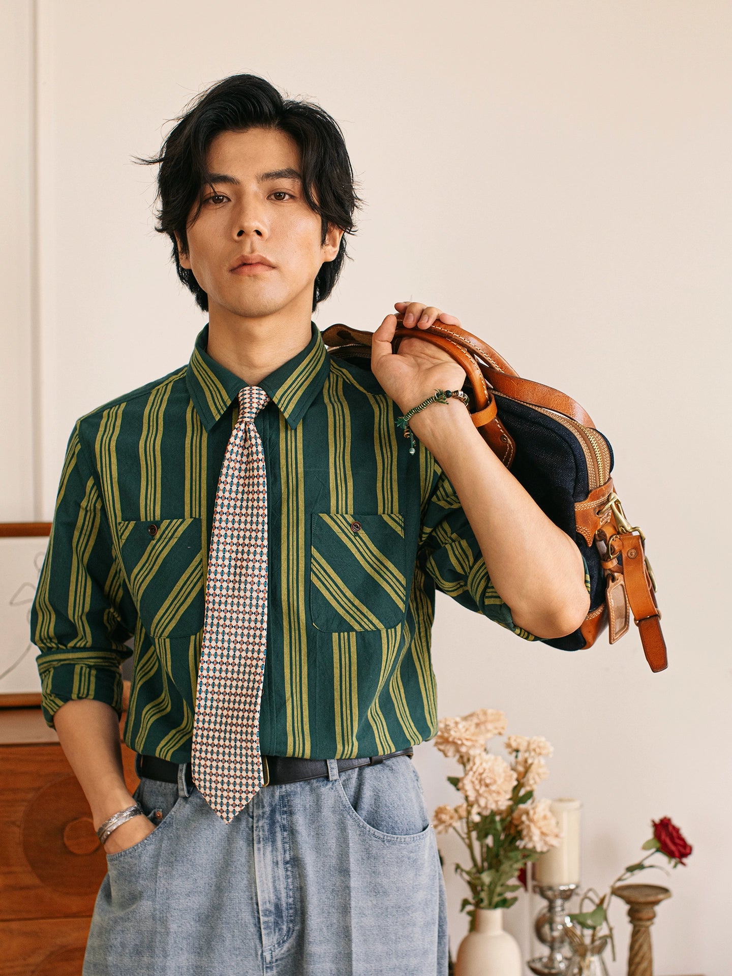 SOARIN美式工装绿条纹长袖衬衫男 慵懒风双口袋休闲宽松棉麻衬衣