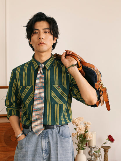SOARIN美式工装绿条纹长袖衬衫男 慵懒风双口袋休闲宽松棉麻衬衣