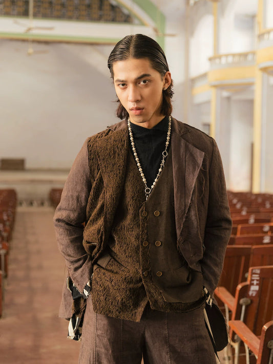 SOARIN Gai Yu Xia Series Relaxed Fit Linen Hemp Blend Asymmetric Patchwork Long Overcoat DCZ253TXZ129
