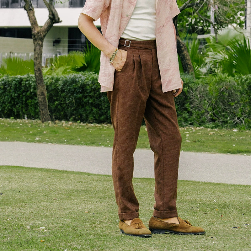 SOARIN复古意式那不勒斯西裤男 肌理纹高腰商务绅士通勤九分裤子