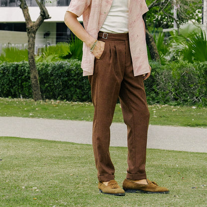 SOARIN复古意式那不勒斯西裤男 肌理纹高腰商务绅士通勤九分裤子