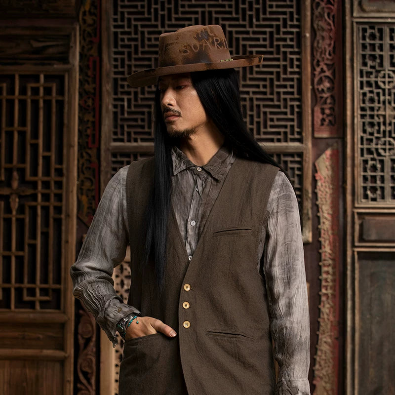 SOARIN WORLD gai yu xia Series Mid-Length Vest Vintage Cotton-Linen Blend DCZ233TB29