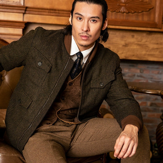 SOARIN英伦风复古毛呢夹克外套男 Vintage古着感粗花呢休闲棒球服