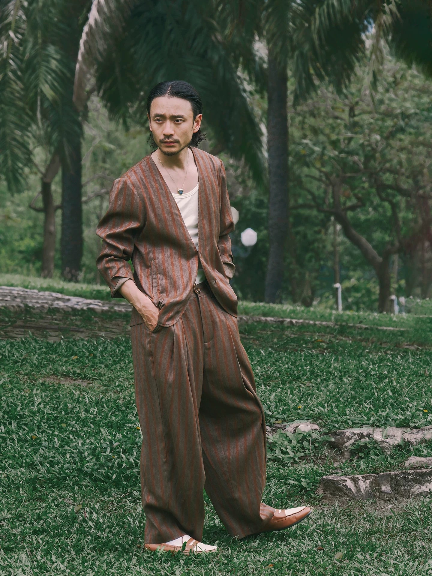 SOARIN Amekaji Vintage Loose Fit Striped Linen Blend Collarless Blazer Jacket JITZ262TXZ136