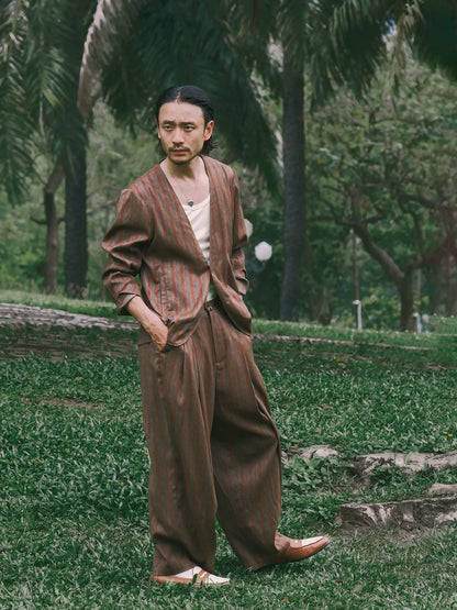 SOARIN Amekaji Vintage Loose Fit Striped Linen Blend Collarless Blazer Jacket JITZ262TXZ136