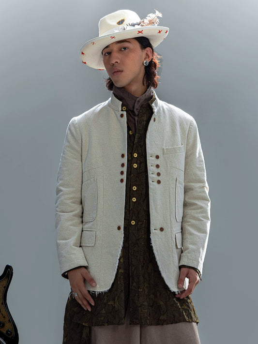 SOAIRN独立复古立领棉麻西装外套男 新中式双排扣毛边休闲单西服