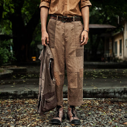 SOARIN WORLD Gai Yu Xia Vintage Distressed Straight-Fit Patchwork Linen Trousers Z92F208