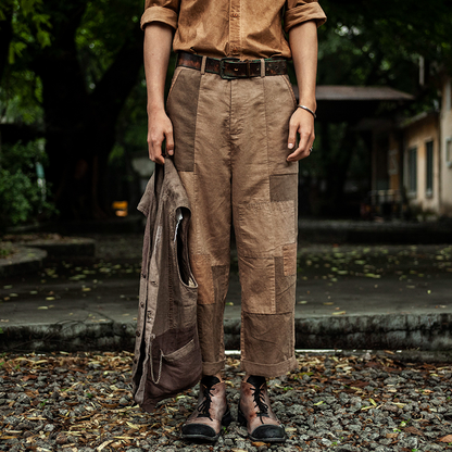 SOARIN WORLD Gai Yu Xia Vintage Distressed Straight-Fit Patchwork Linen Trousers Z92F208