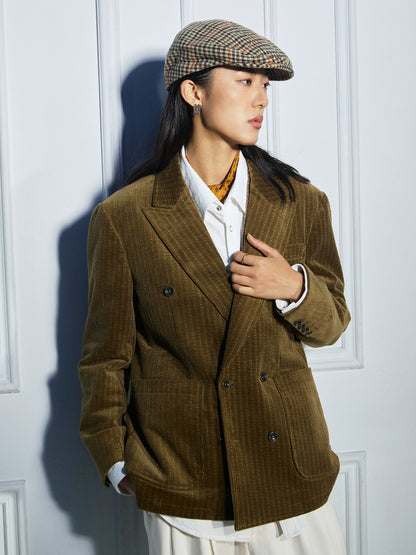 SOARIN英伦风复古灯芯绒西装外套男 老钱风双排扣条纹商务单西服