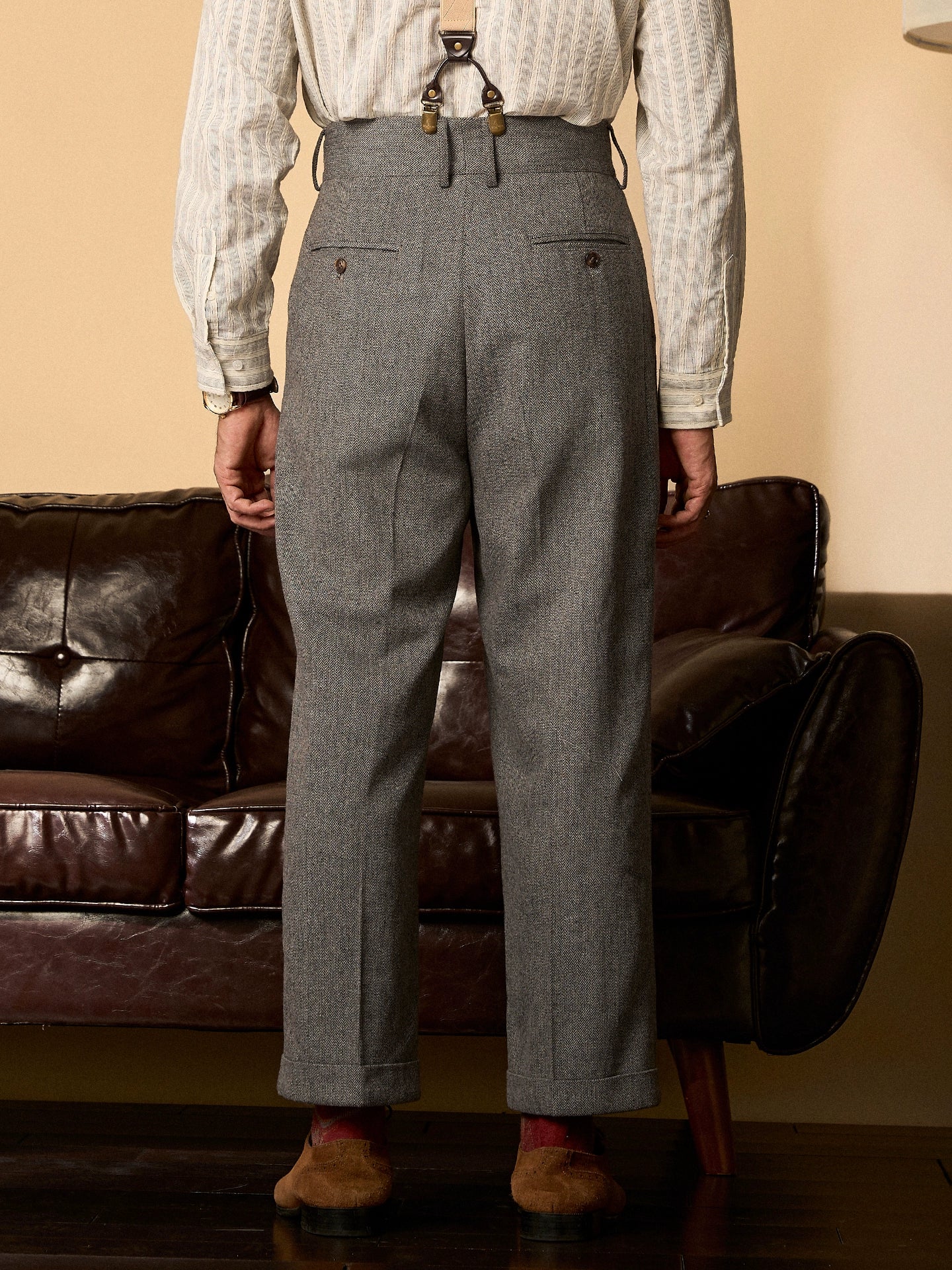 SOARIN英伦风复古毛呢西装裤男 冬季人字纹商务直筒休闲高腰长裤