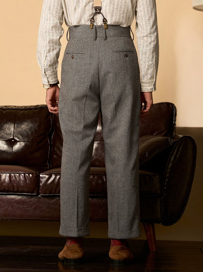 SOARIN英伦风复古毛呢西装裤男 冬季人字纹商务直筒休闲高腰长裤