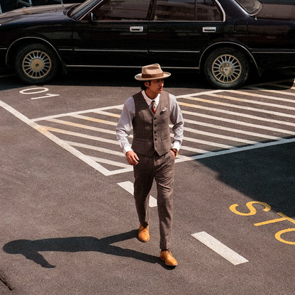 SOARIN英伦复古格子西装裤男士 商务休闲修身九分裤格纹直筒裤子