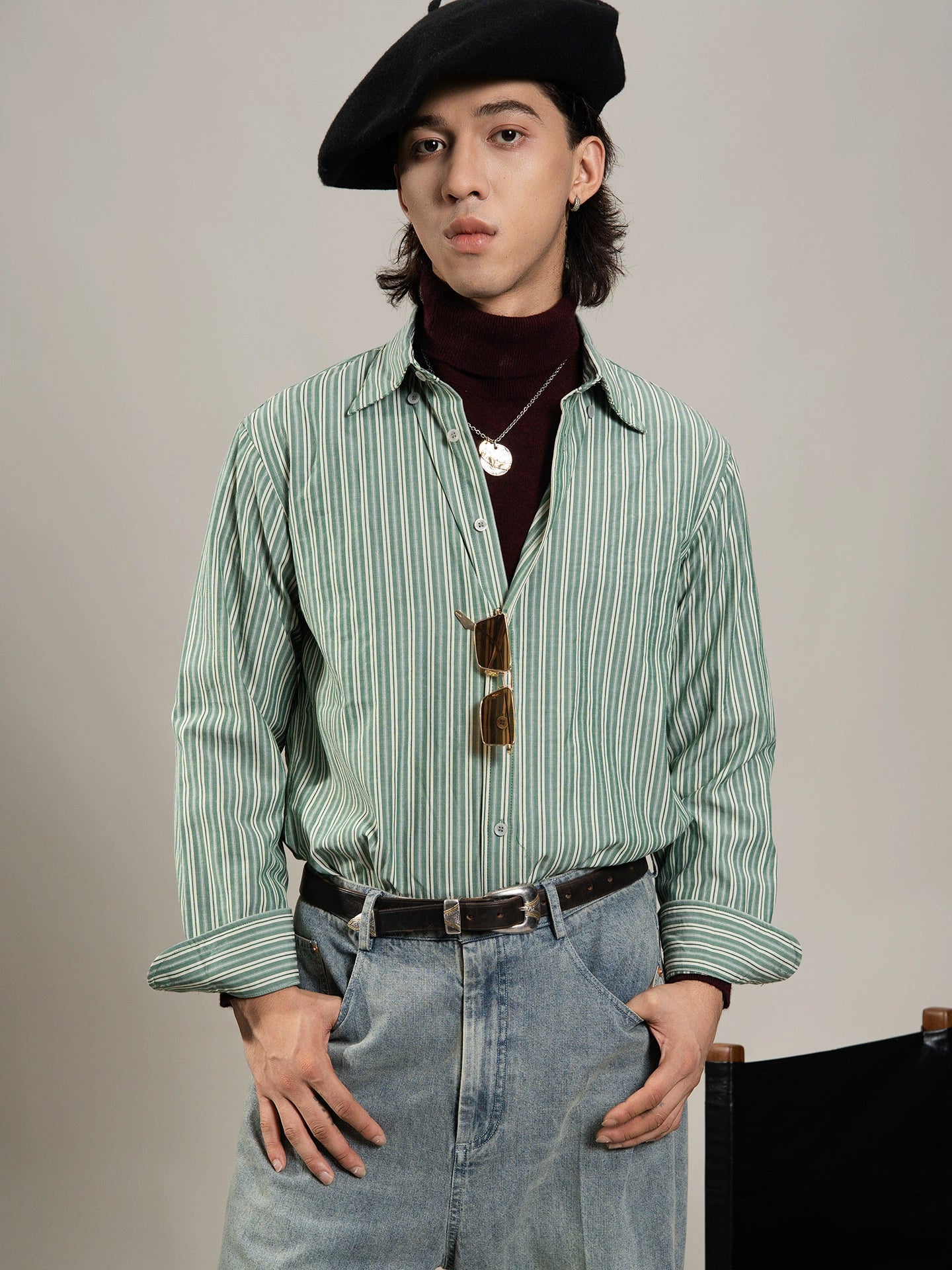 SOARIN英伦复古绿竖条纹衬衫男免烫抗皱商务休闲修身长袖西装衬衣