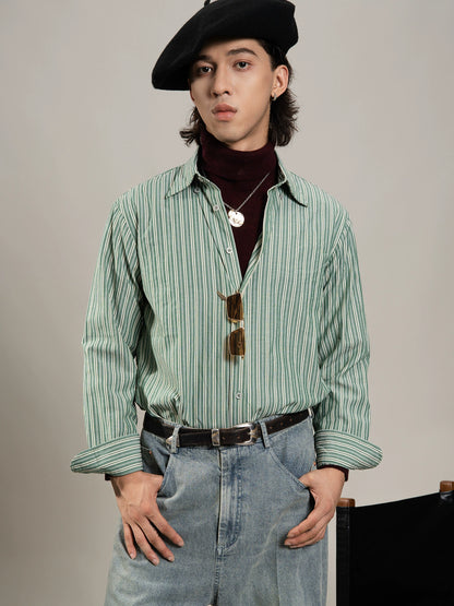 SOARIN英伦复古绿竖条纹衬衫男免烫抗皱商务休闲修身长袖西装衬衣