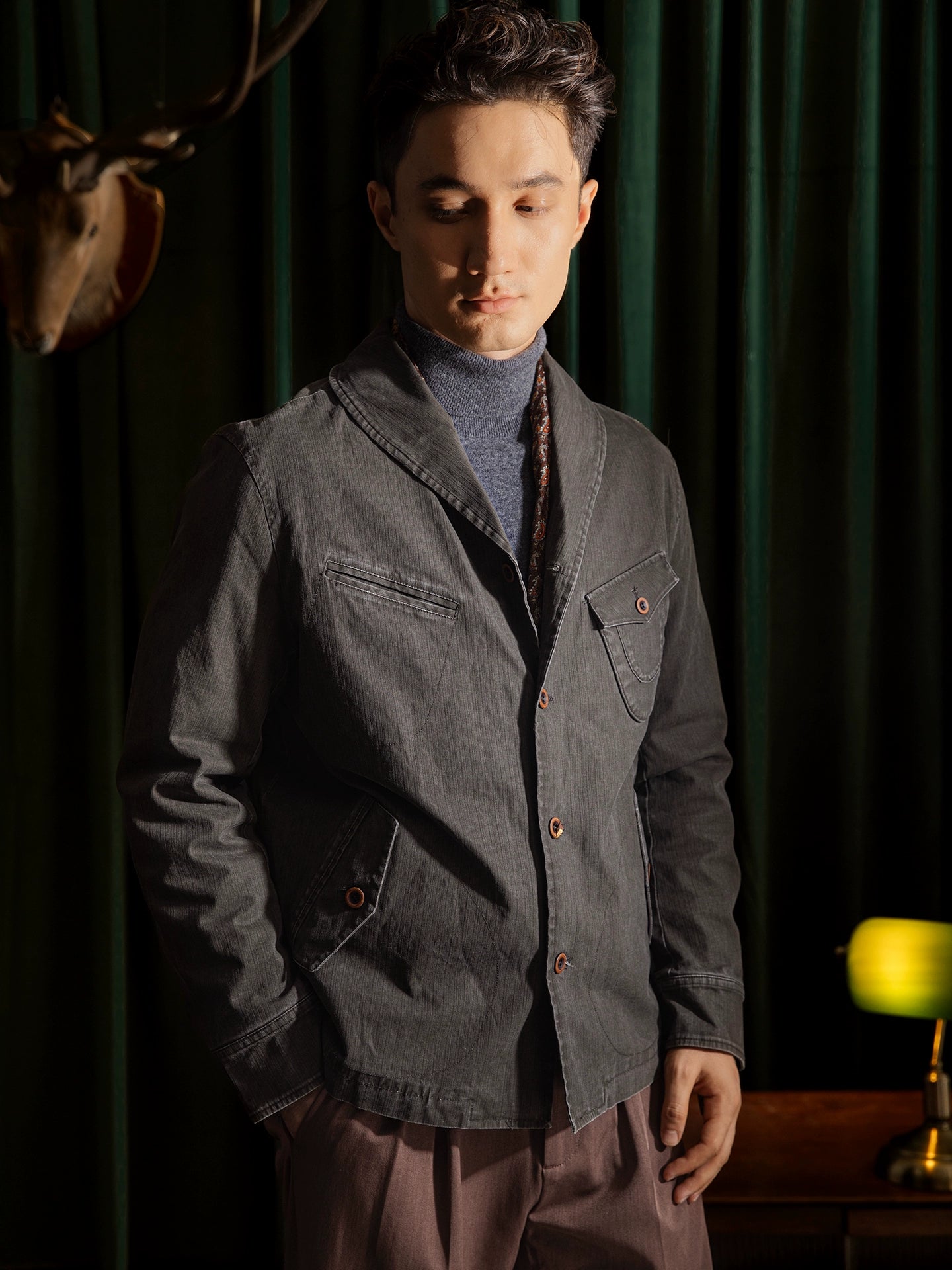 SOARIN【青果领】复古美式工装夹克外套男暗条纹短款飞行员茄克衫