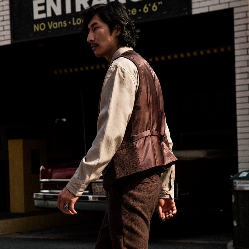 SOARIN复古英伦粗花呢西装马甲男 羊毛呢人字纹婚礼西服马夹背心