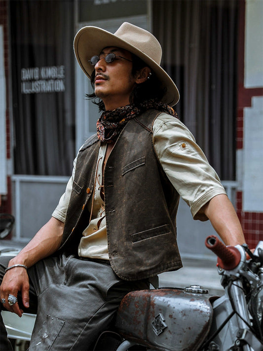 SOARIN复古美式西部风皮马甲男阿美咔叽做旧工装痞帅机车马夹背心