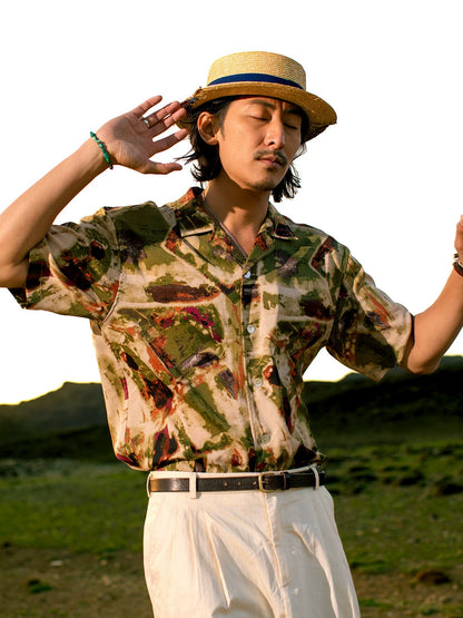 SOARIN Vintage Abstract Print Cuban Collar Short Sleeve Shirt JITZ242TC245