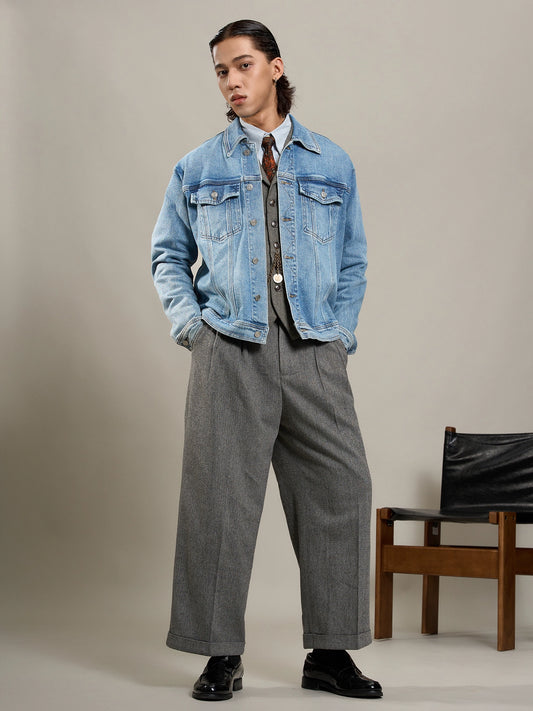 SOARIN美式复古重磅水洗牛仔夹克男 翻领双口袋做旧感工装外套