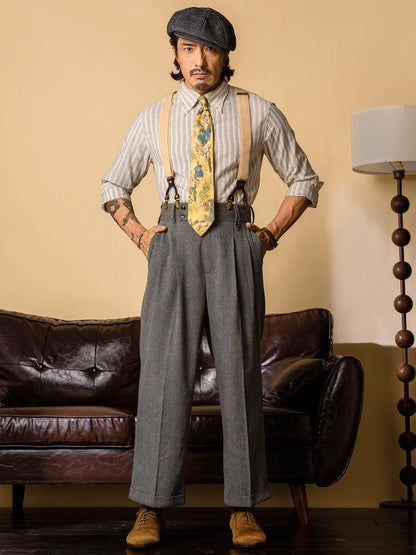 SOARIN英伦风复古毛呢西装裤男 冬季人字纹商务直筒休闲高腰长裤