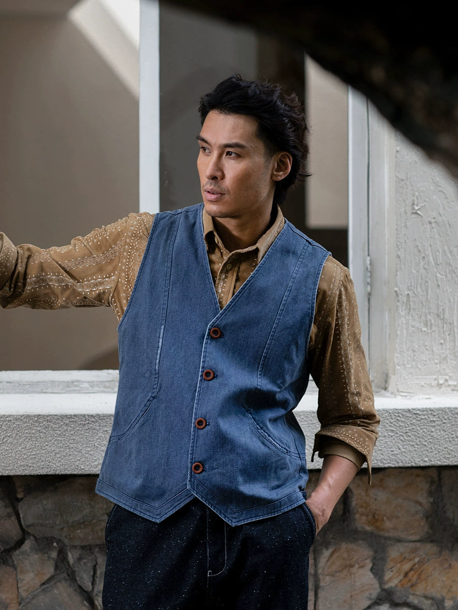 SOARIN美式复古水洗牛仔马甲男 阿美咔叽休闲修身工装马夹背心潮