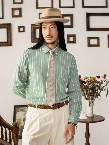 SOARIN美式复古条纹长袖衬衫男 vintage痞帅商务休闲纯棉西装衬衣