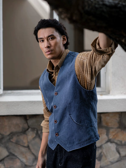 SOARIN美式复古水洗牛仔马甲男 阿美咔叽休闲修身工装马夹背心潮
