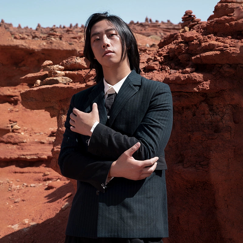 SOARIN英伦风复古条纹西装外套男 秋冬雅痞拼接商务休闲修身西服